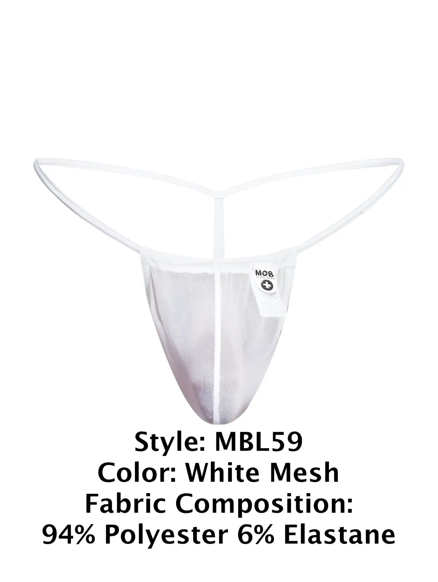 Malebasics mbl59 white mesh g-string thong with y-shaped waistband and vertical seam made from polyester and elastane