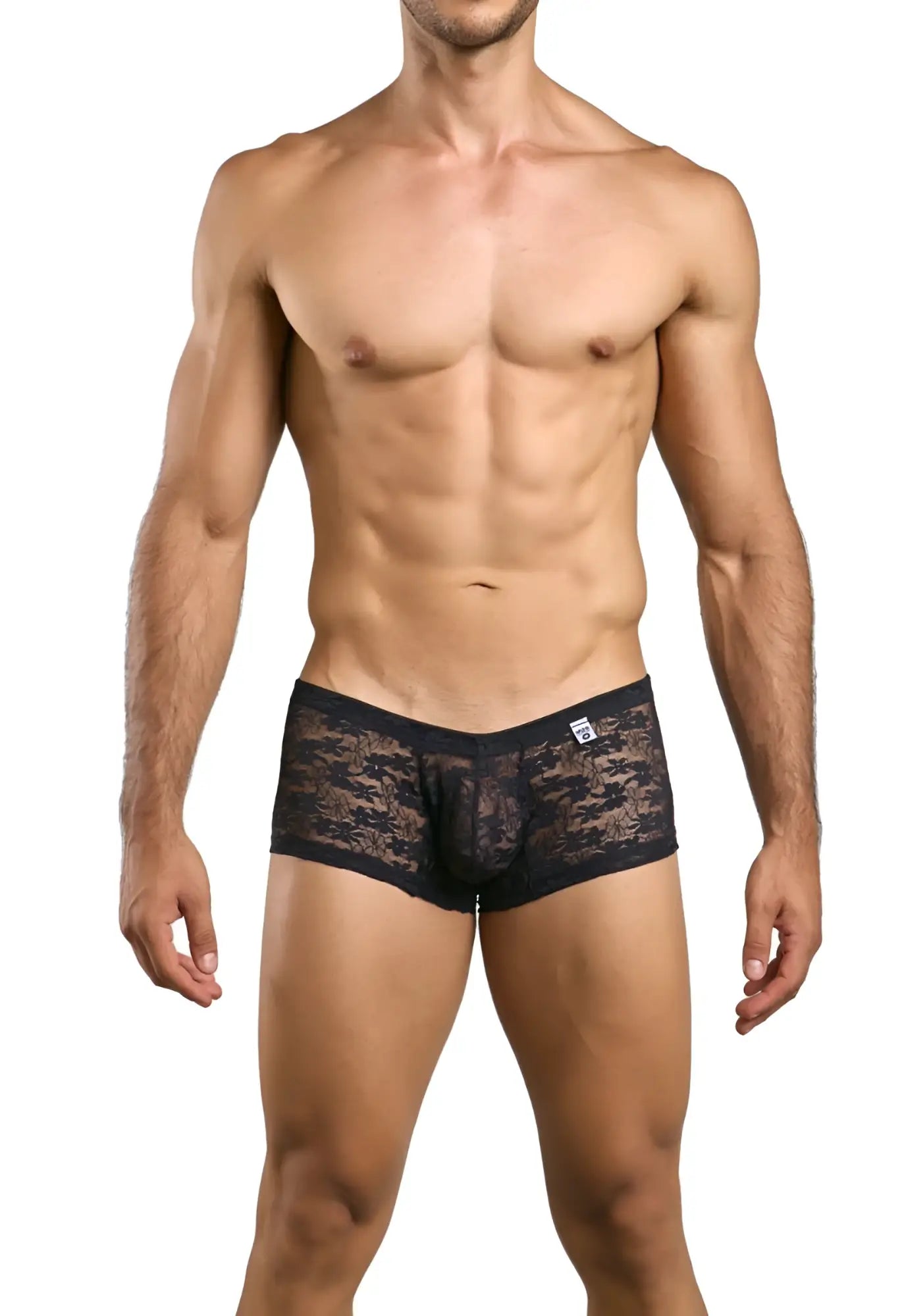 Malebasics mbl78 black lace trunks boxer briefs with subtle pattern and small white brand tag on waistband
