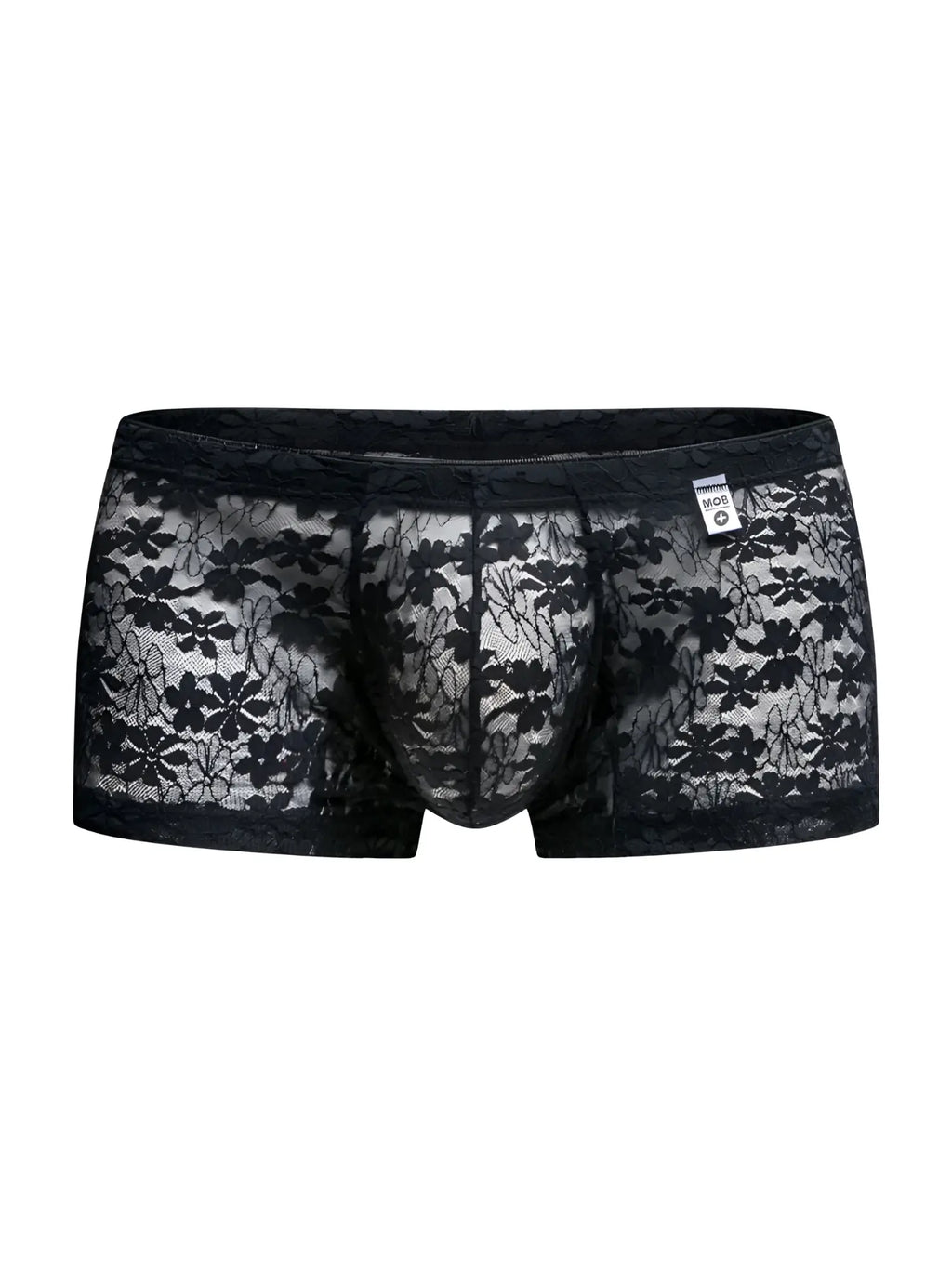 Malebasics mbl78 lace trunks in black featuring sheer floral lace briefs with an intricate pattern and solid waistband