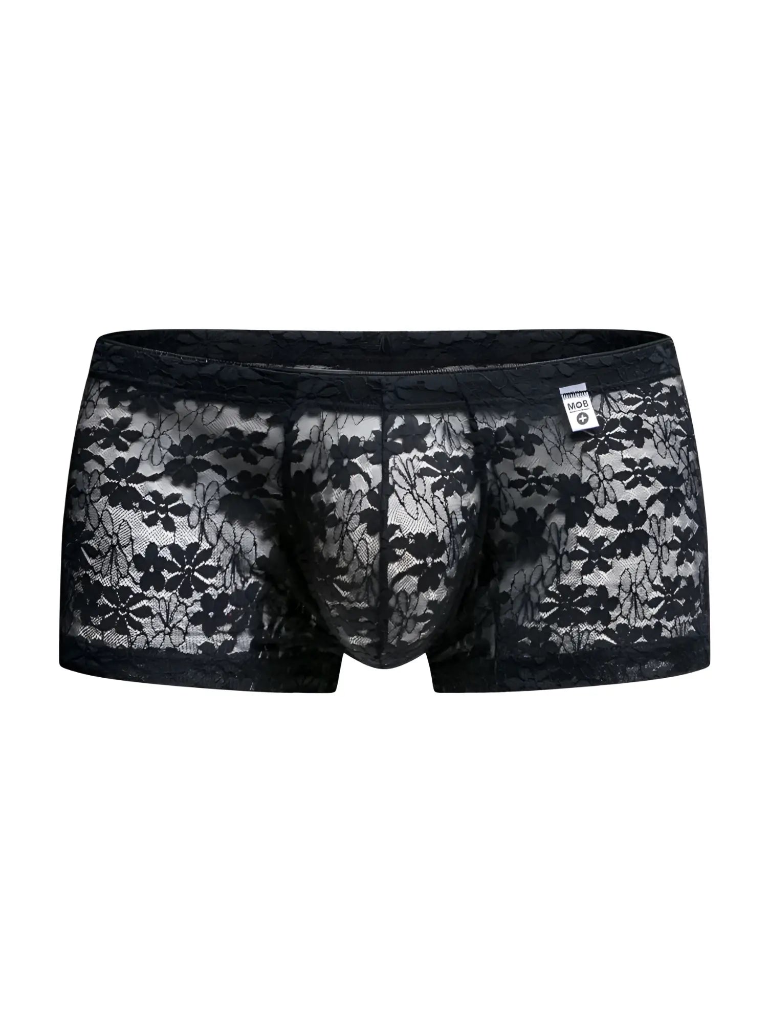 Malebasics mbl78 lace trunks in black featuring sheer floral lace briefs with an intricate pattern and solid waistband