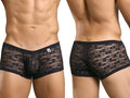 Malebasics mbl78 lace trunks black lace men’s briefs with black waistband showing front view