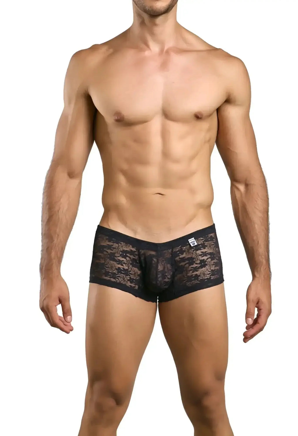Malebasics mbl78 black lace trunks boxer briefs with subtle pattern and small white brand tag on waistband
