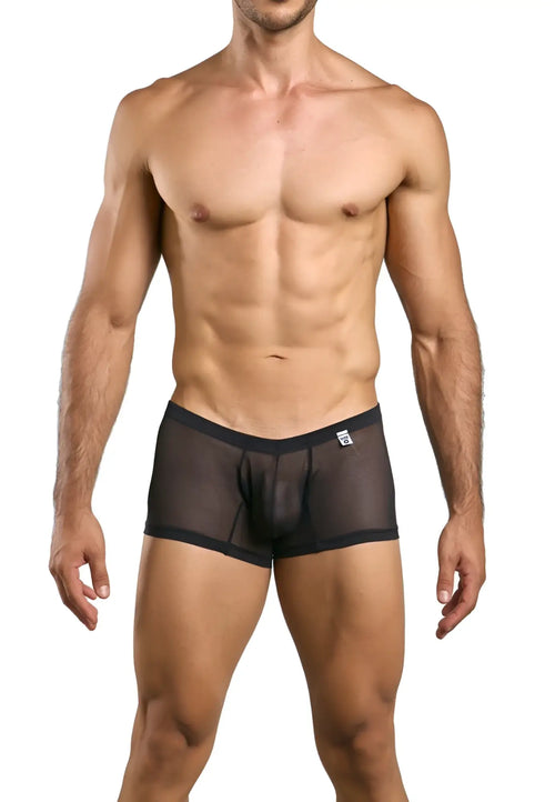 Malebasics mbl78 lace trunks black sheer mesh briefs with solid waistband and white logo on front
