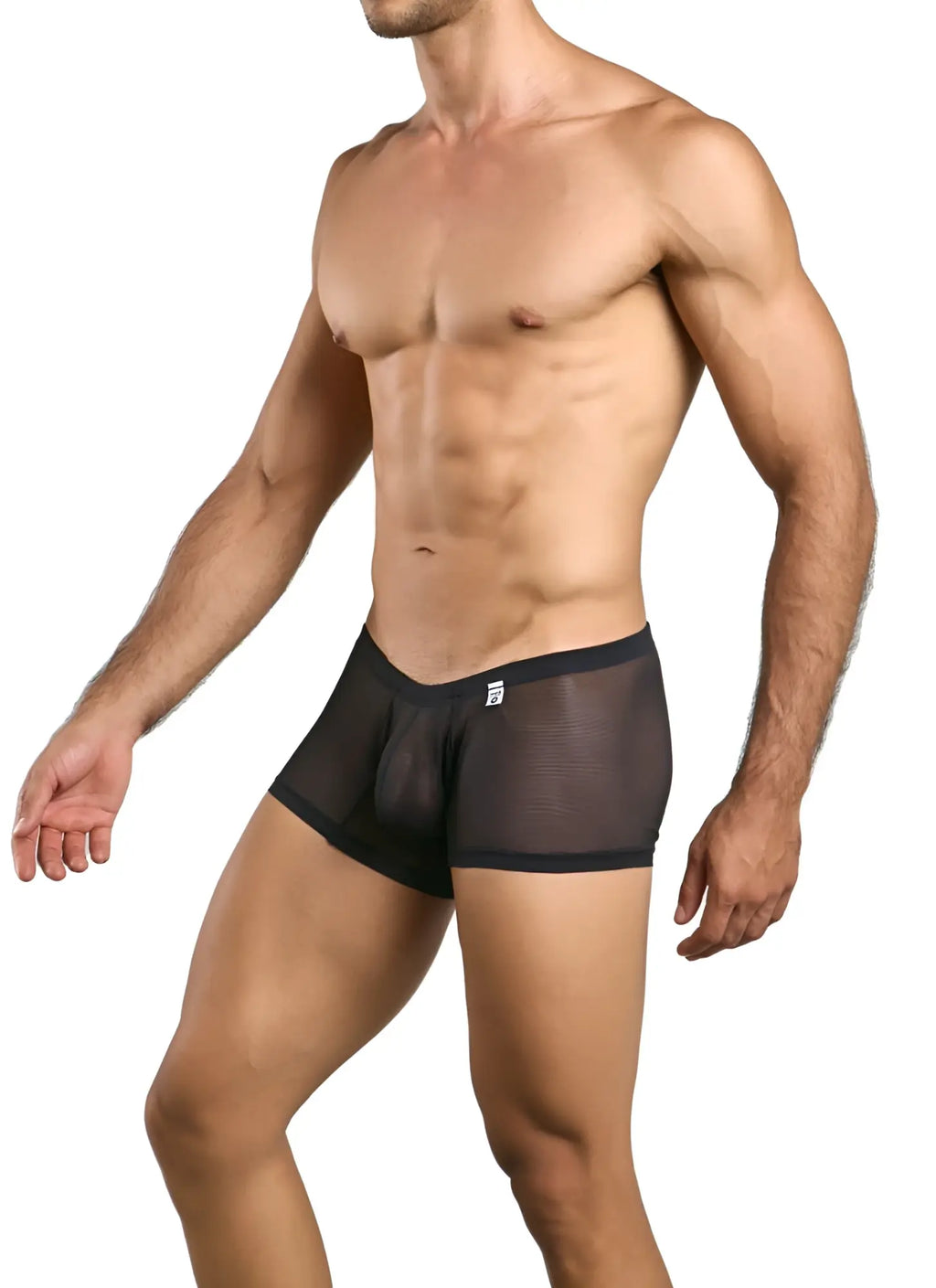 Malebasics mbl78 lace trunks black mesh briefs with solid waistband and small white logo on front