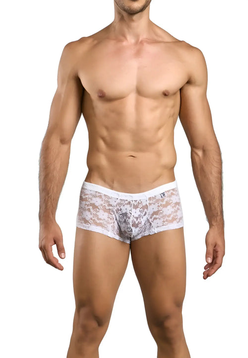 Malebasics mbl78 white lace trunks featuring delicate floral lace and a snug form-fitting design