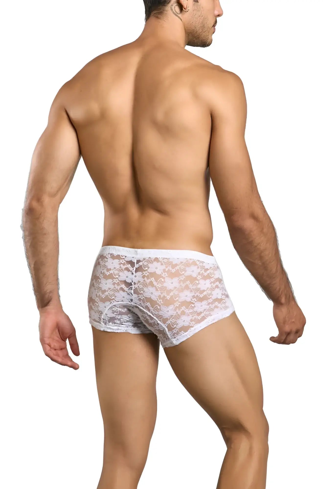 Malebasics mbl78 lace trunks in white lace featuring a delicate floral pattern and solid white waistband
