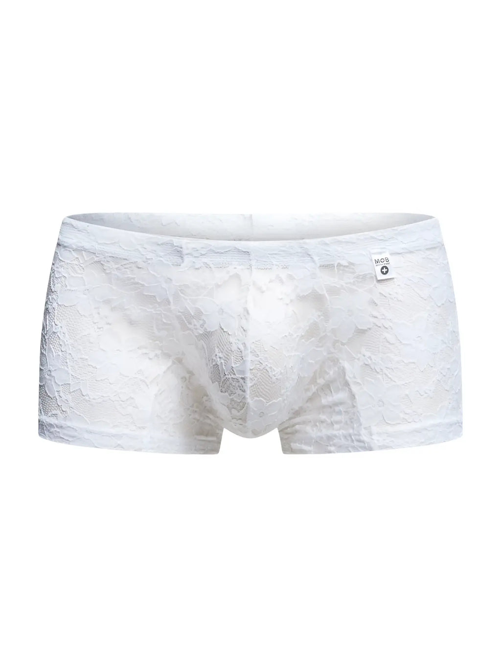 MaleBasics MBL78 white lace men’s briefs with delicate floral pattern and small brand tag on waistband