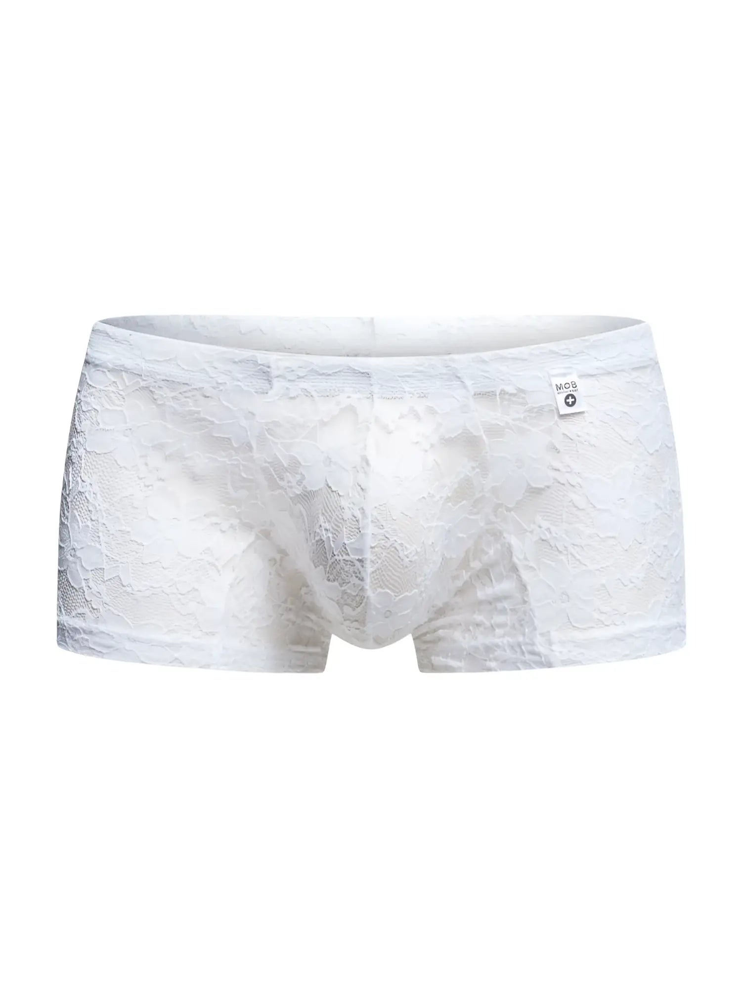 MaleBasics MBL78 white lace men’s briefs with delicate floral pattern and small brand tag on waistband