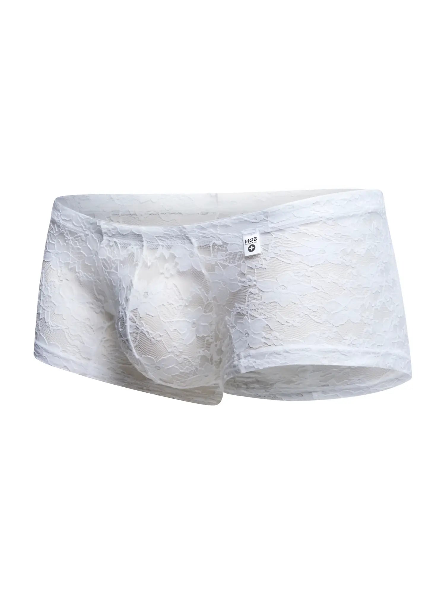 MaleBasics MBL78 lace trunks in white lace with delicate floral pattern and soft sheer fabric for men
