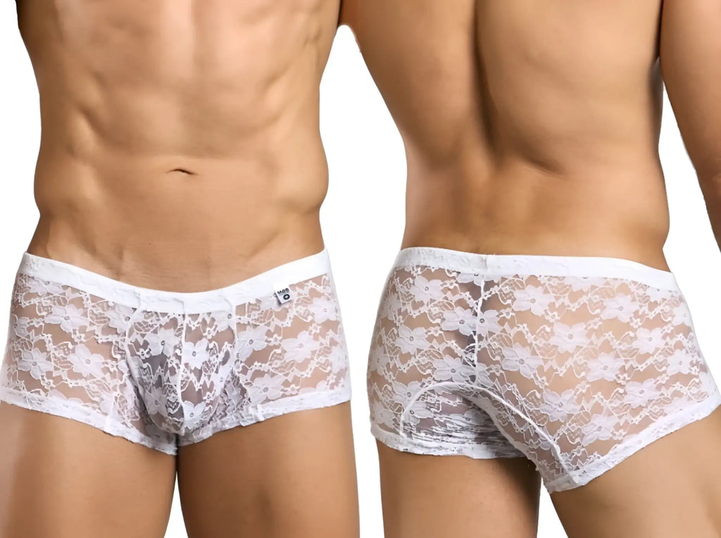 Malebasics mbl78 white lace trunks with floral pattern and elastic waistband made from delicate lace fabric