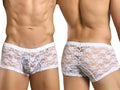 Malebasics mbl78 white lace trunks with floral pattern and elastic waistband made from delicate lace fabric