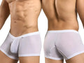 Malebasics mbl78 lace trunks white mesh sheer men’s briefs with solid white waistband and trim front view