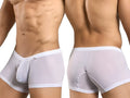 Malebasics mbl78 lace trunks white mesh sheer men’s briefs with solid white waistband and trim front view