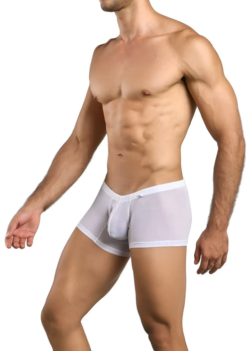 Malebasics mbl78 lace trunks in white mesh with a solid white waistband featuring sheer mesh briefs design