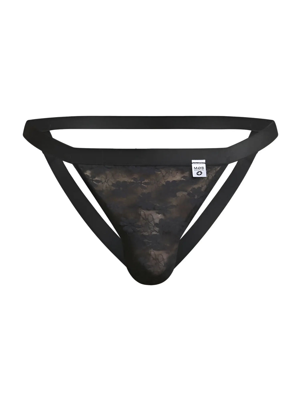 Malebasics mbl82 sexy jockstrap in black lace with solid black elastic waistband and side straps shown from the back