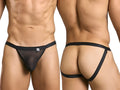 Malebasics mbl82 sexy jockstrap in black sheer mesh with elastic waistband and side straps showing front view