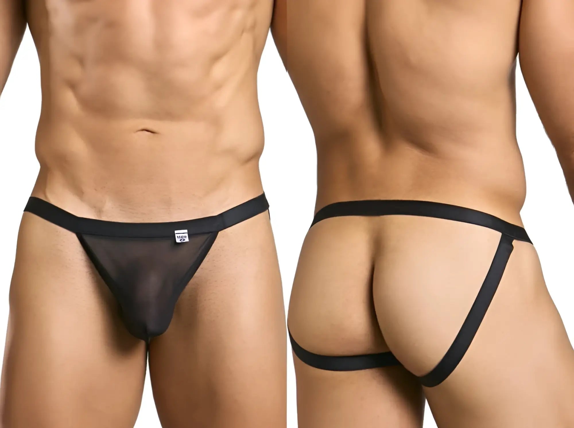 Malebasics mbl82 sexy jockstrap in black sheer mesh with elastic waistband and side straps showing front view