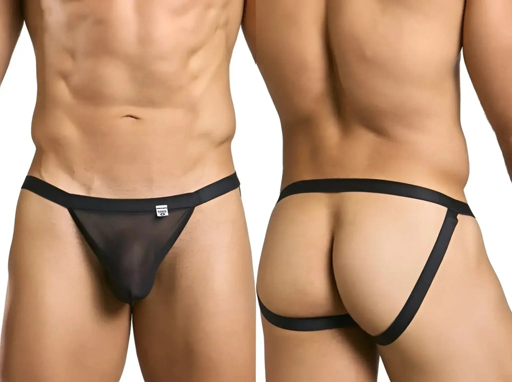 Malebasics mbl82 sexy jockstrap in black sheer mesh with elastic waistband and side straps showing front view