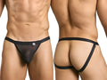 Malebasics mbl82 sexy jockstrap in black sheer mesh with elastic waistband and side straps showing front view
