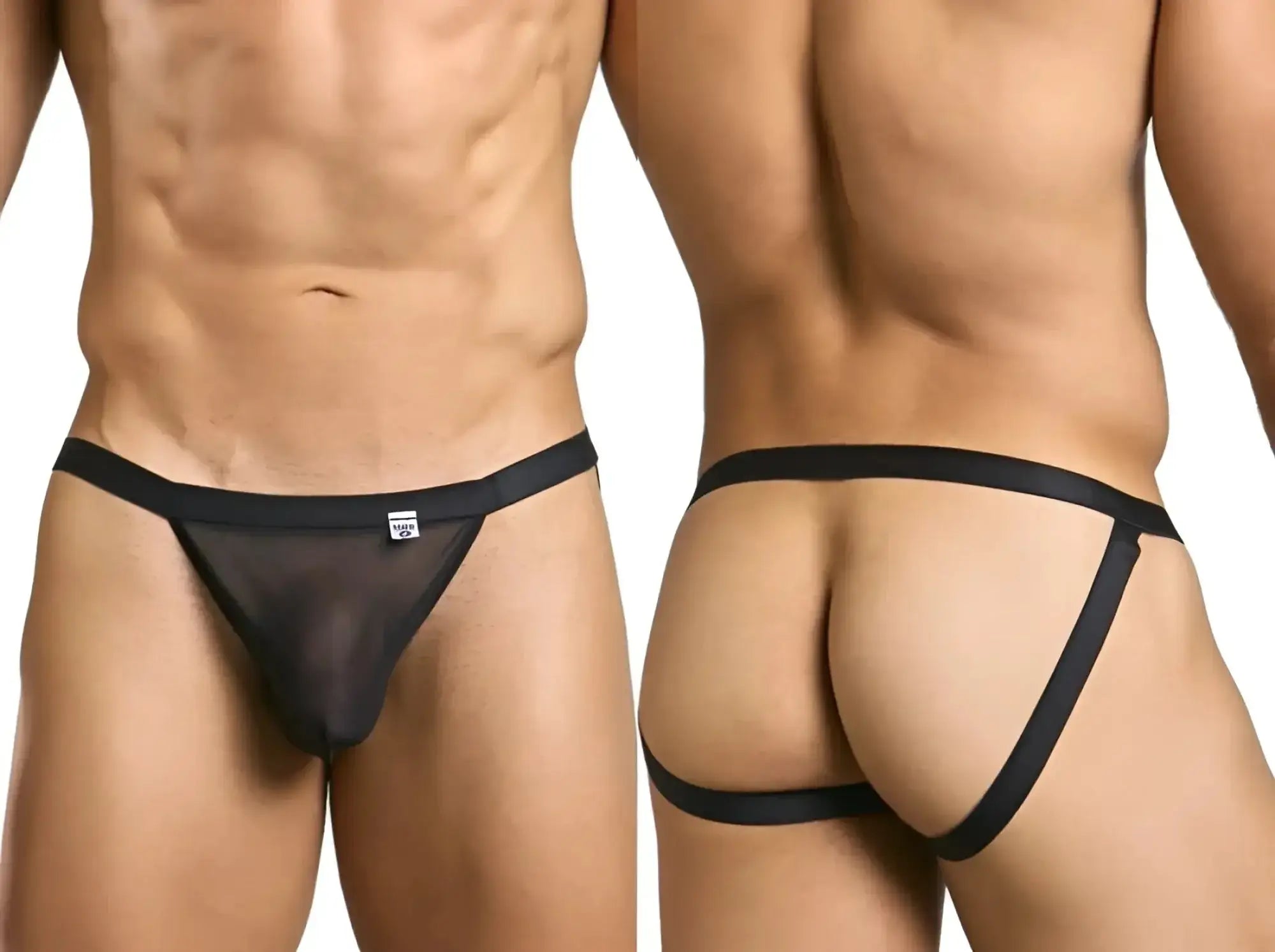 Malebasics mbl82 sexy jockstrap in black sheer mesh with elastic waistband and side straps showing front view
