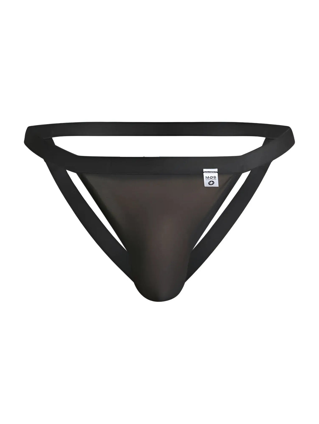 MaleBasics MBL82 sexy black mesh jockstrap with solid waistband and side straps shown from the back side