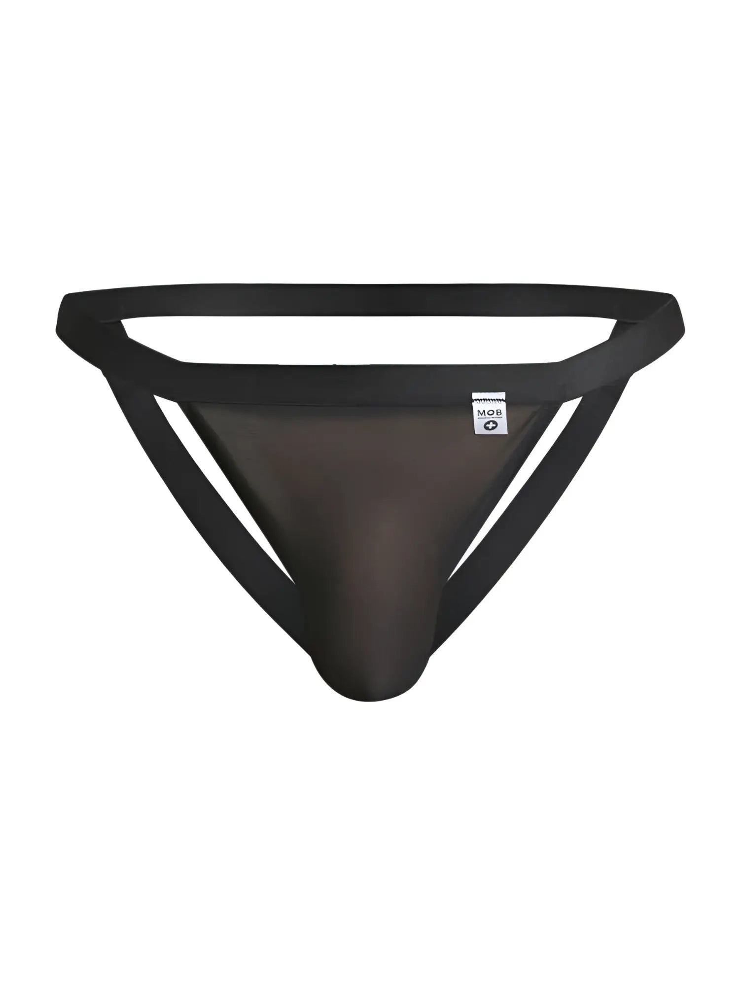 MaleBasics MBL82 sexy black mesh jockstrap with solid waistband and side straps shown from the back side