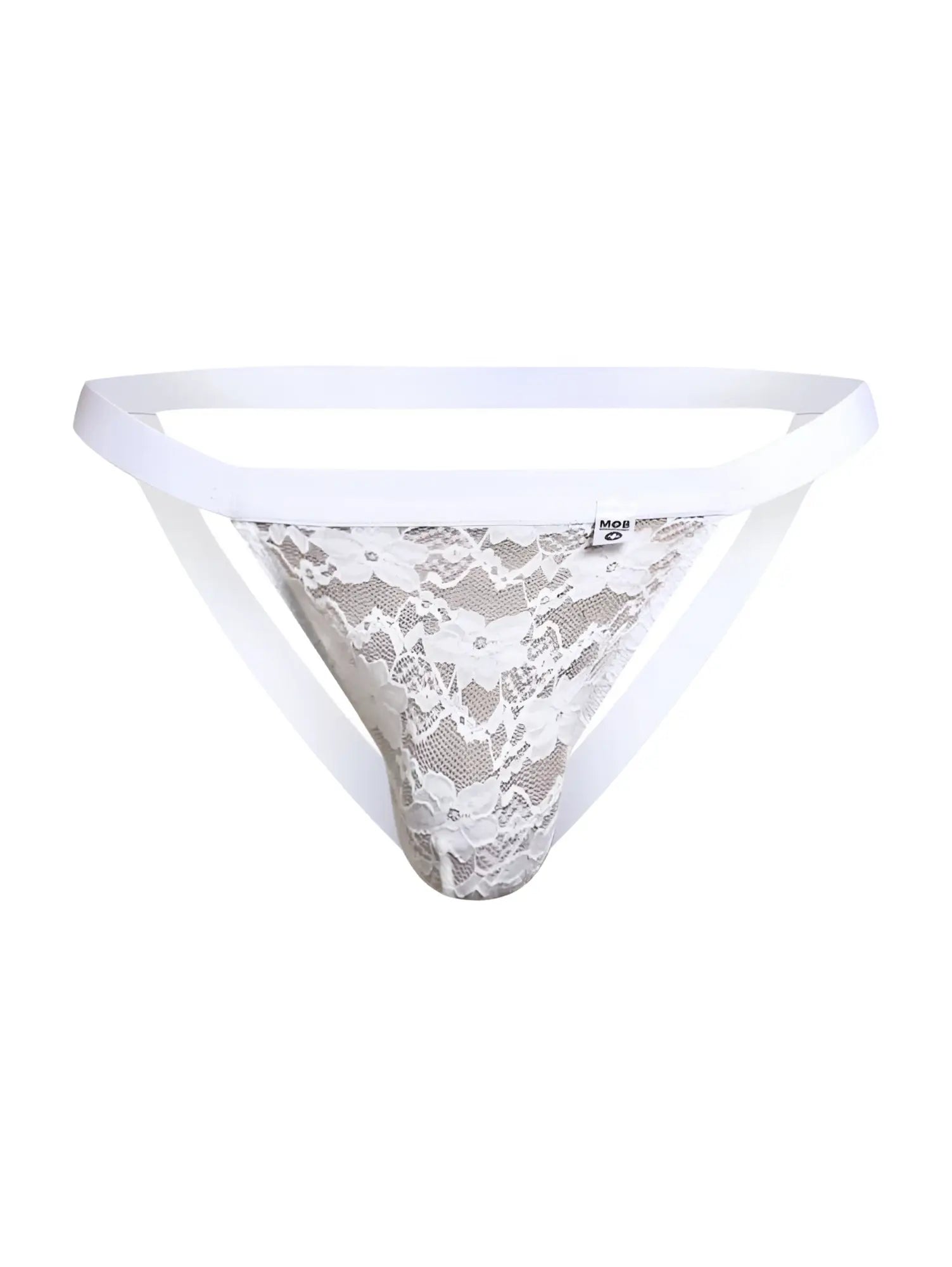 Malebasics mbl82 sexy jockstrap in white lace with delicate floral patterns and solid white waistband