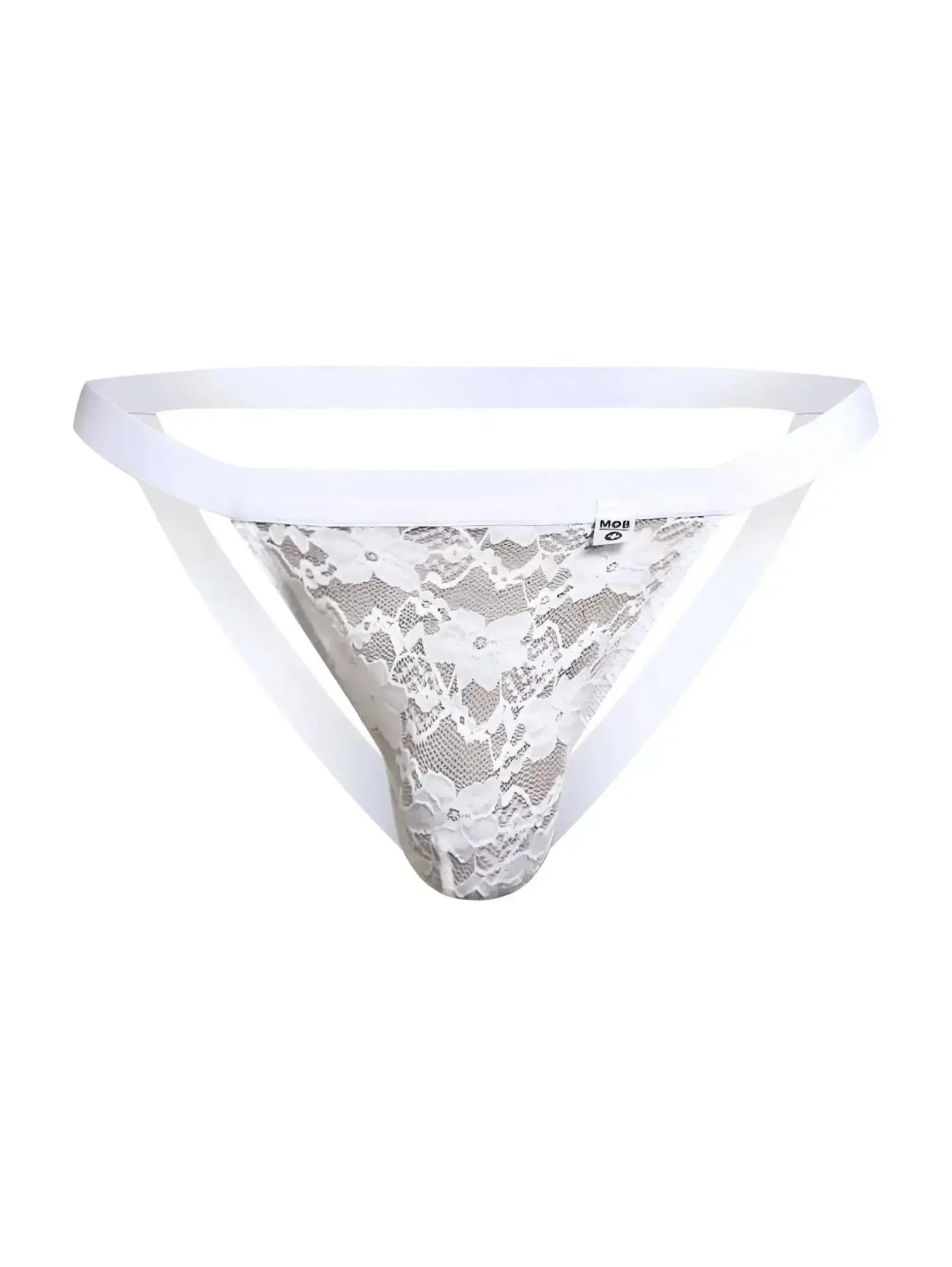 Malebasics mbl82 sexy jockstrap in white lace with delicate floral patterns and solid white waistband
