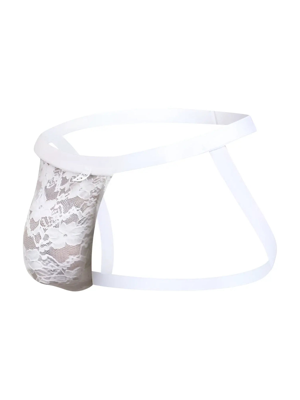 Malebasics mbl82 sexy jockstrap in white lace with sheer patterned front panel and solid elastic waistband