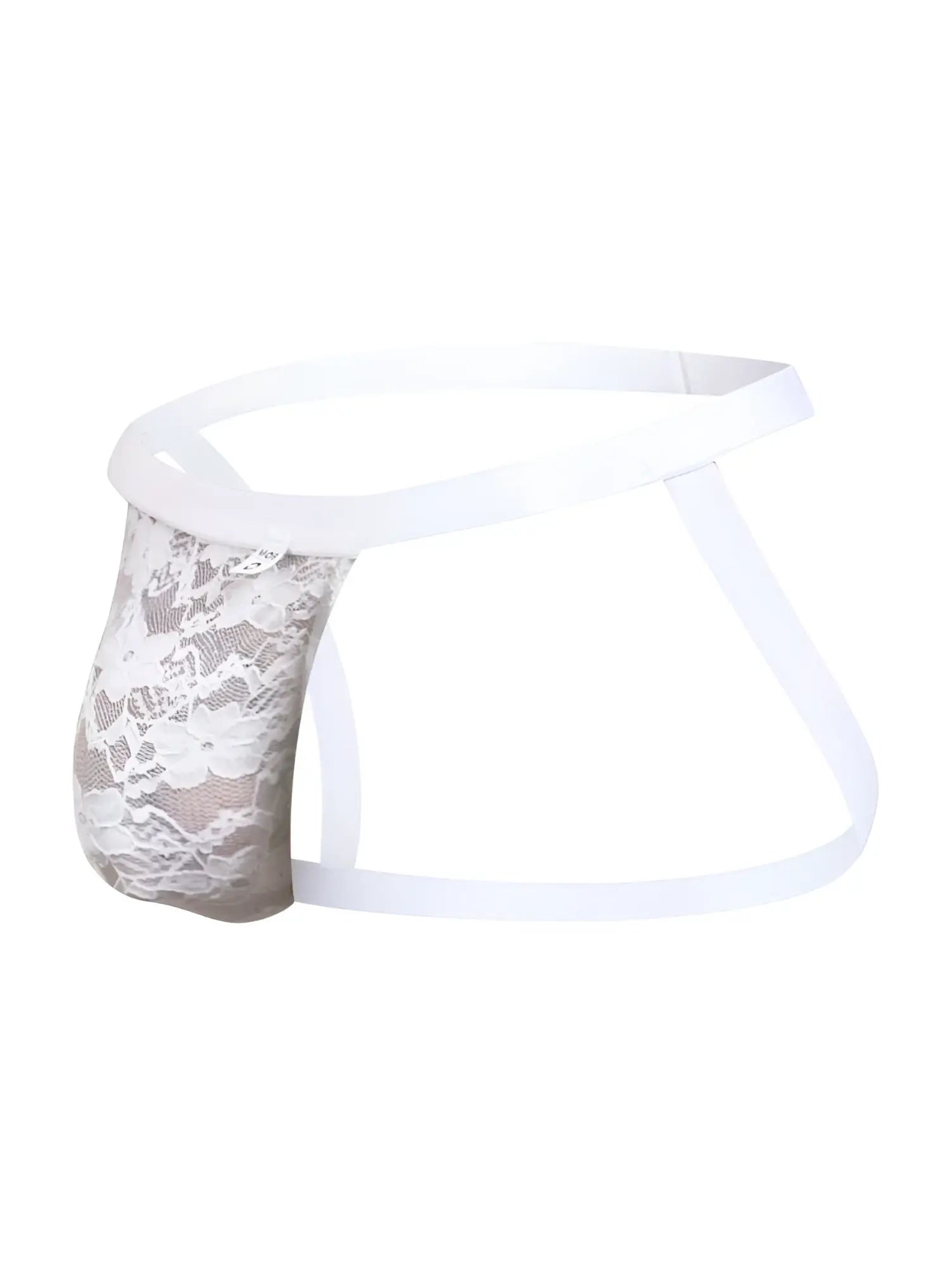 Malebasics mbl82 sexy jockstrap in white lace with sheer patterned front panel and solid elastic waistband