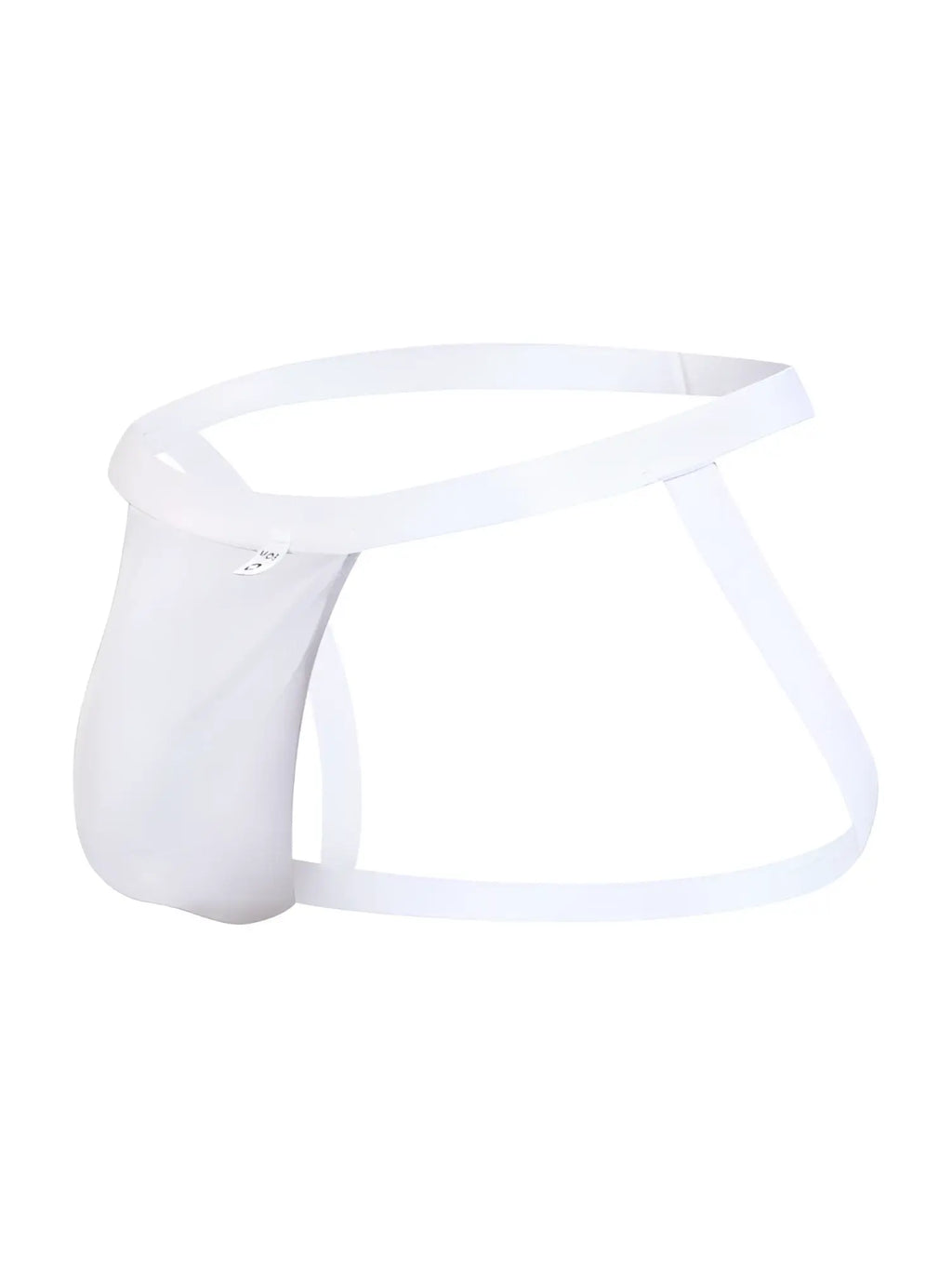 White sleek form-fitting men’s briefs with a smooth glossy finish from malebasics mbl82 sexy jockstrap mesh collection