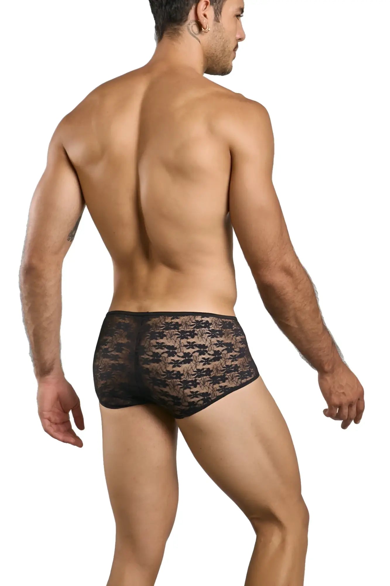 Black lace malebasics mbl83 loop cheeky trunks featuring a delicate floral pattern in black lace material
