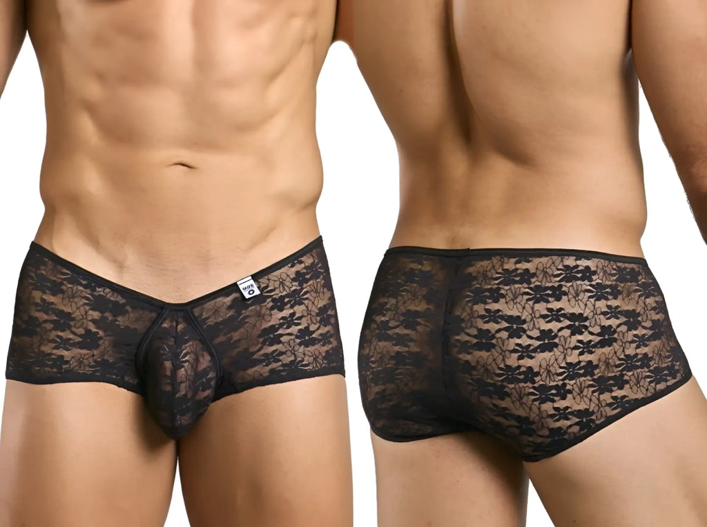 Malebasics mbl83 loop cheeky trunks black lace mens underwear with sheer floral patterned design front view