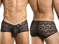 Malebasics mbl83 loop cheeky trunks black lace mens underwear with sheer floral patterned design front view