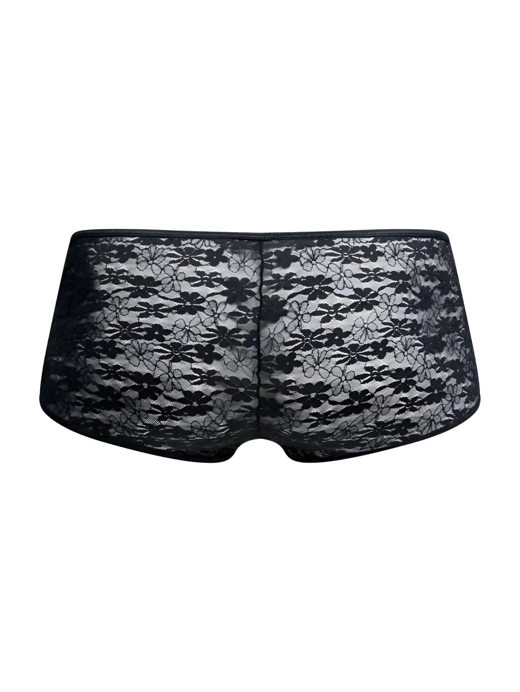 MaleBasics MBL83 loop cheeky trunks in black lace with a sheer elegant design showing the back side