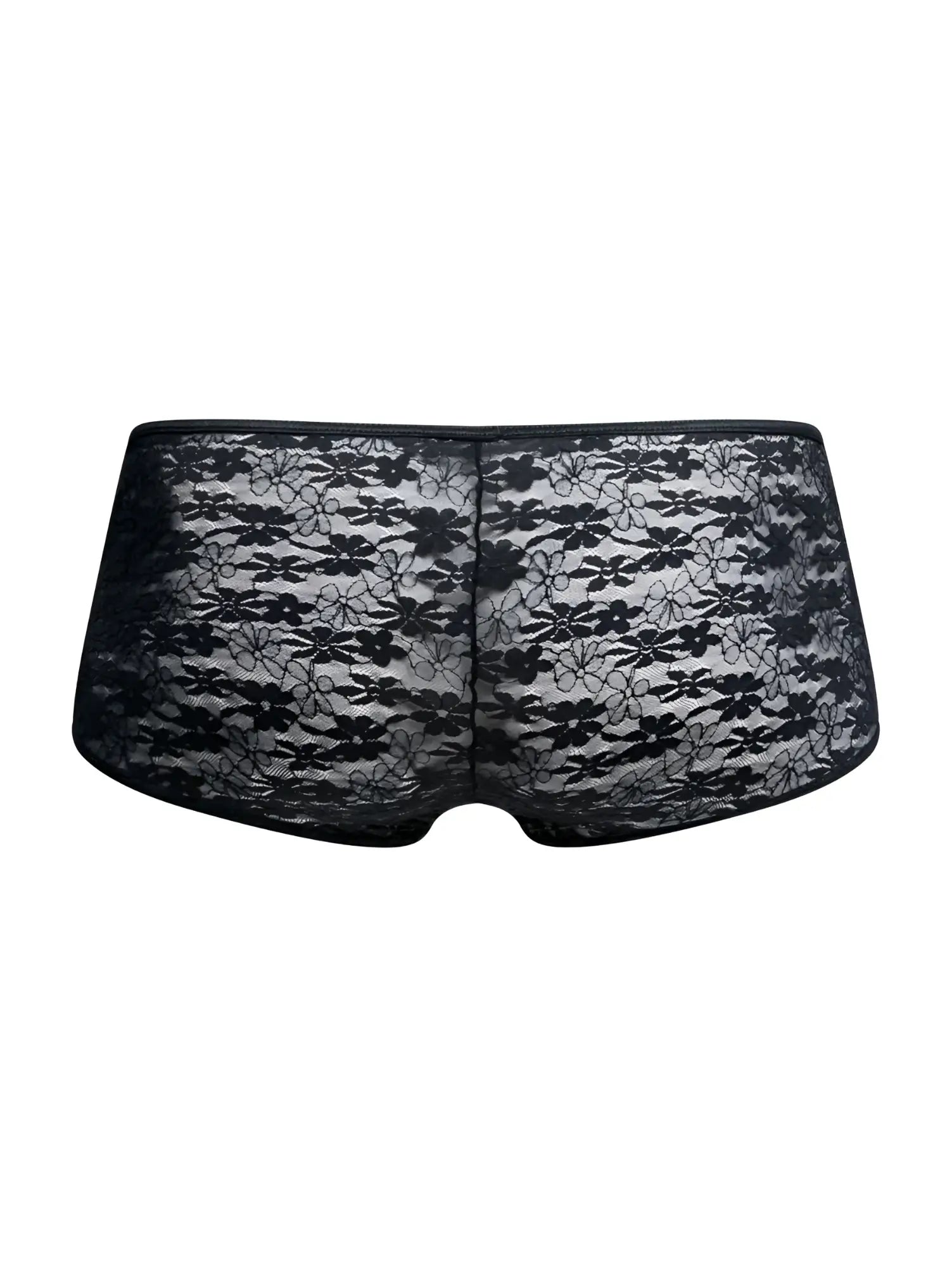 MaleBasics MBL83 loop cheeky trunks in black lace with a sheer elegant design showing the back side