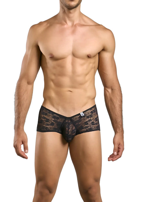 Malebasics mbl83 loop cheeky trunks in black lace featuring an intricate floral pattern on the front side