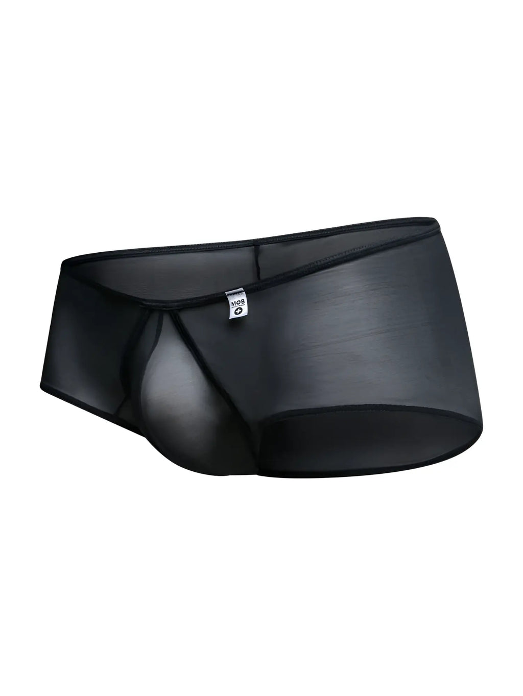 Malebasics mbl83 loop cheeky trunks black sheer mesh briefs with glossy finish and reinforced elastic waistband back view