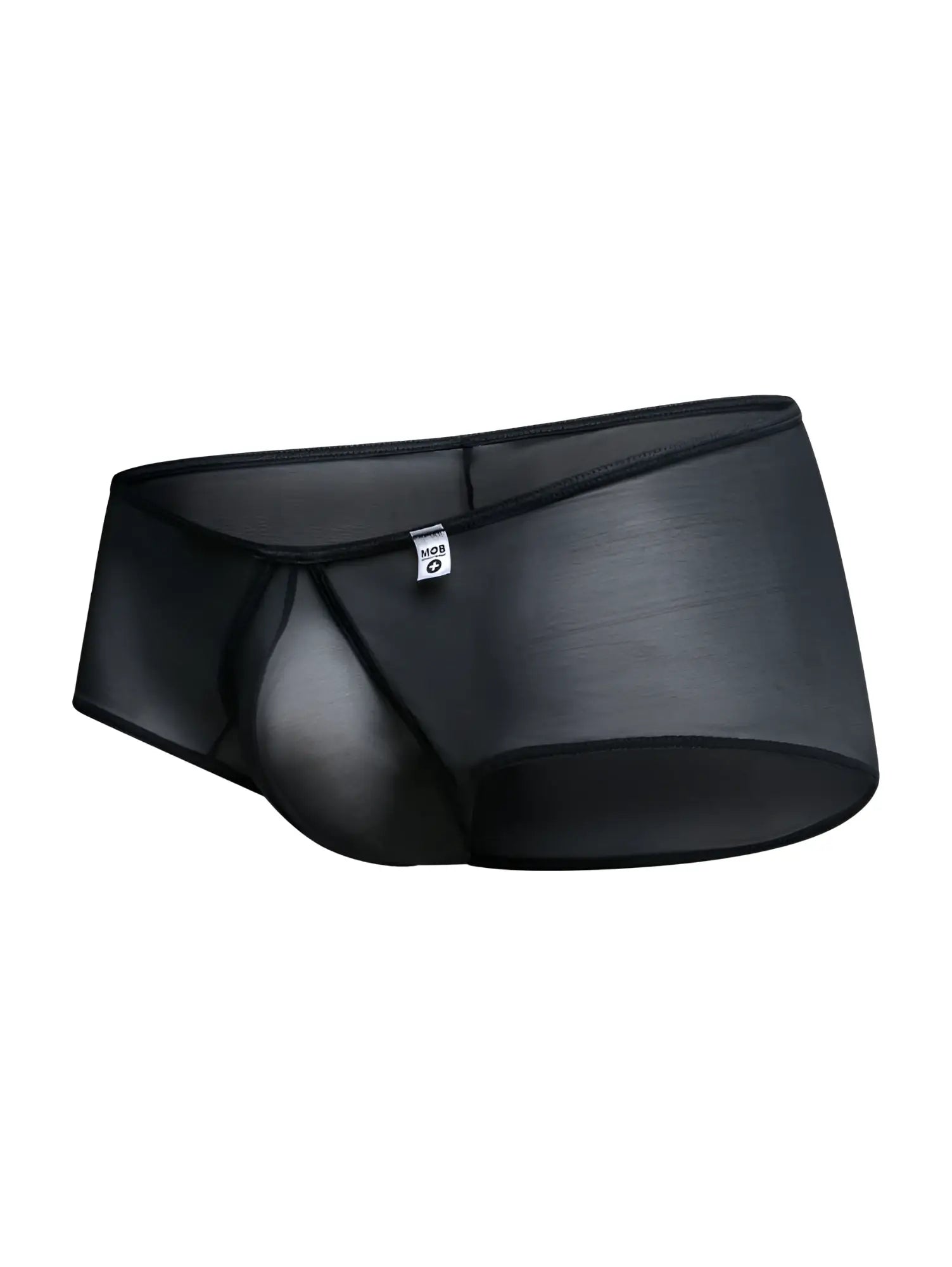 Malebasics mbl83 loop cheeky trunks black sheer mesh briefs with glossy finish and reinforced elastic waistband back view