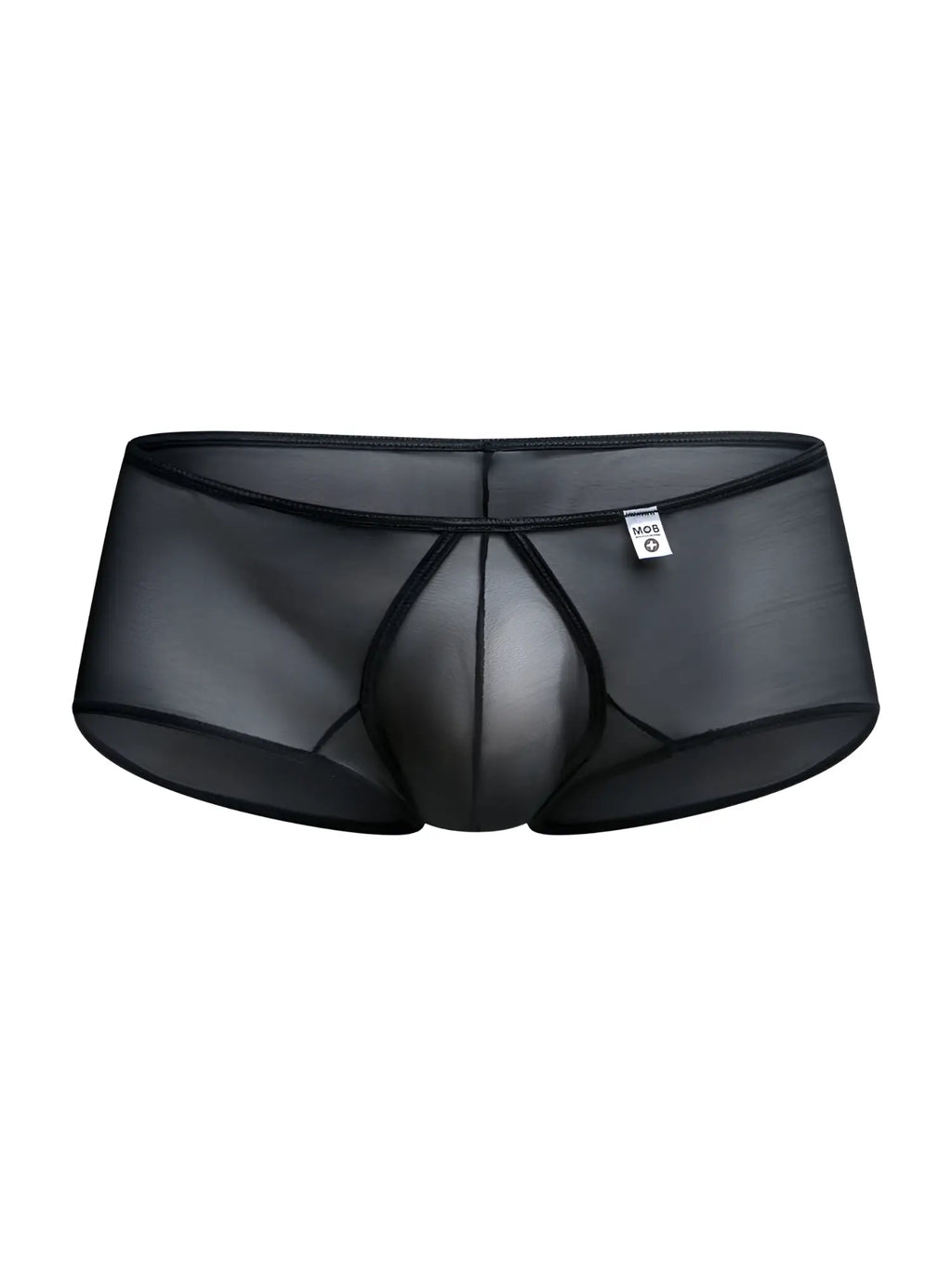 MaleBasics MBL83 loop cheeky trunks in black mesh with sheer fabric, solid elastic waistband, and reinforced seams
