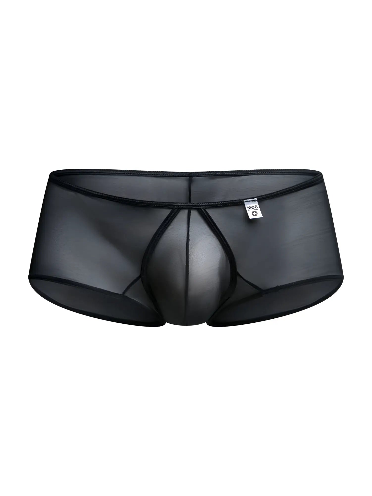 MaleBasics MBL83 loop cheeky trunks in black mesh with sheer fabric, solid elastic waistband, and reinforced seams