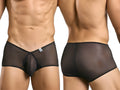 MaleBasics MBL83 Loop cheeky trunks in black sheer mesh with solid waistband and trim shown from the front