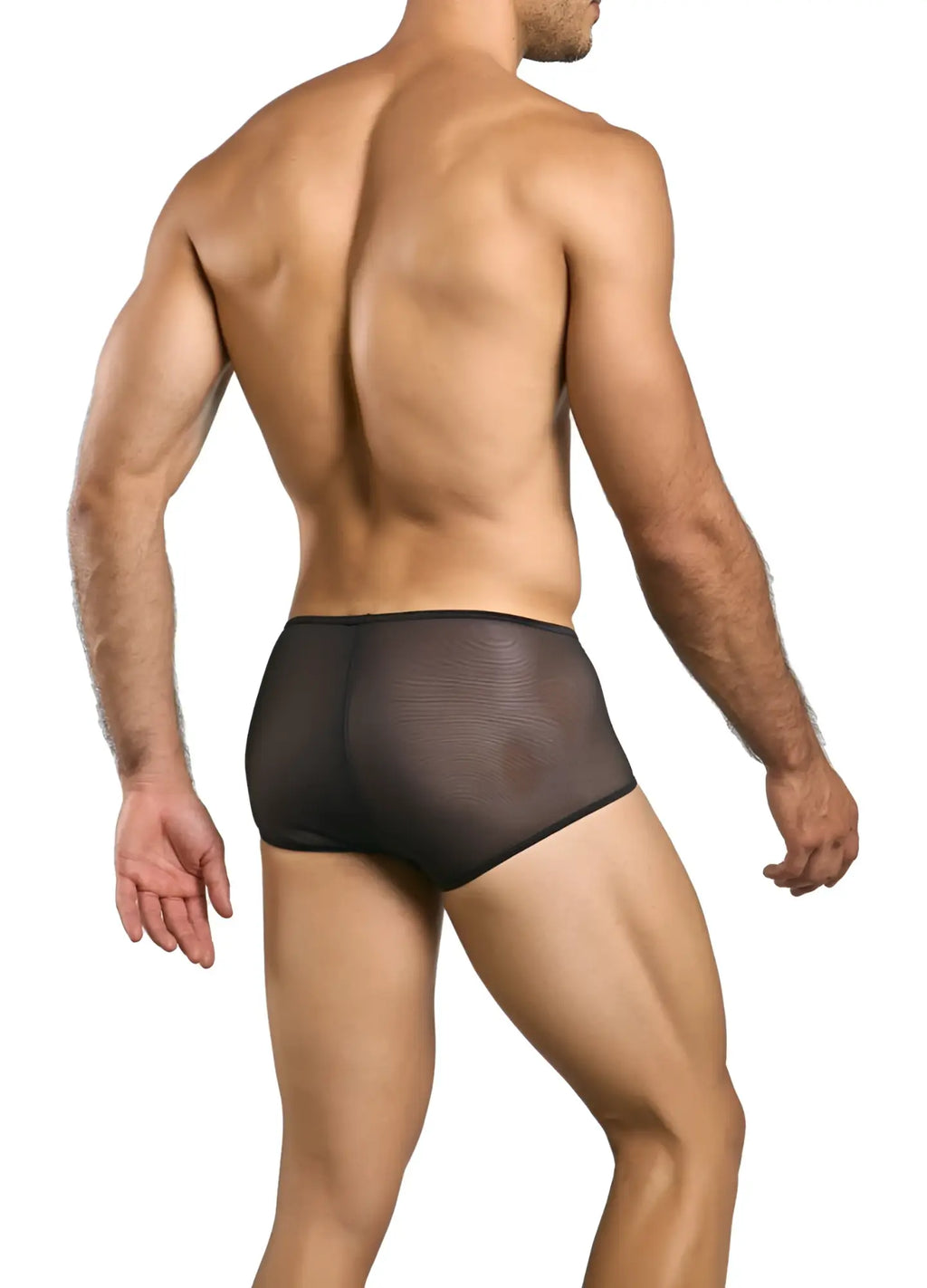 Malebasics mbl83 loop cheeky trunks in black mesh with a smooth form-fitting design shown from the back