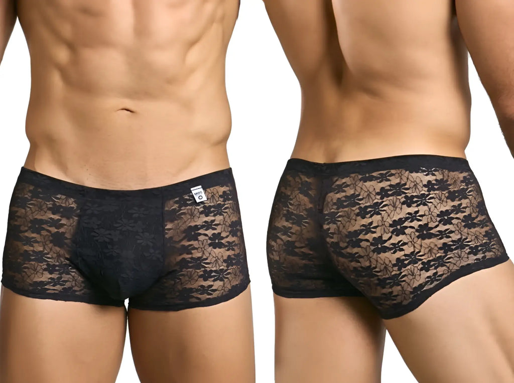 Malebasics mbl84 classic pouch trunks in black lace with floral pattern and solid black waistband