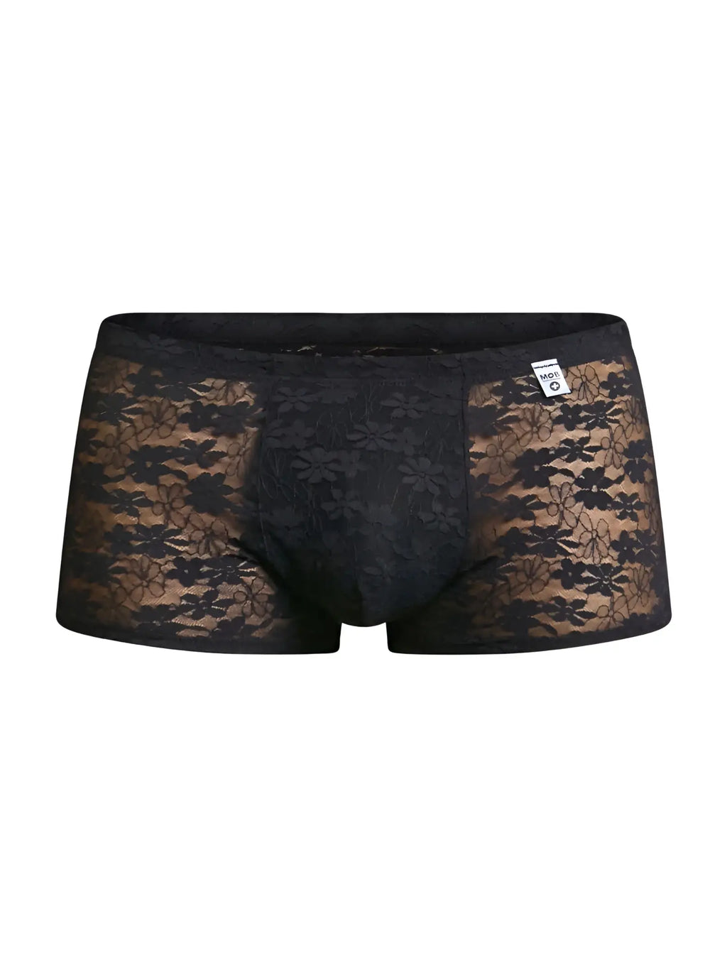 Black lace malebasics mbl84 classic pouch trunks with floral pattern and branded tag on waistband