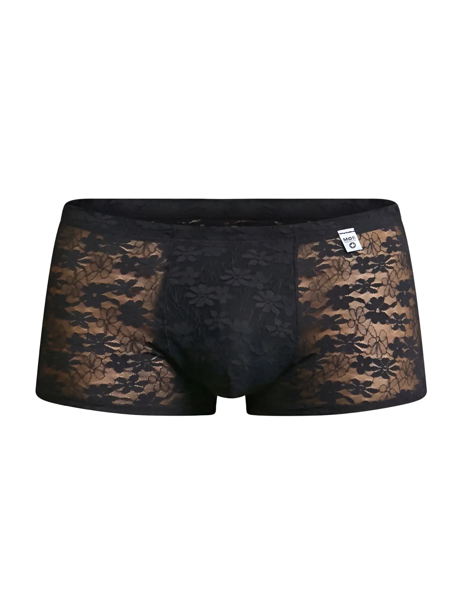 Black lace malebasics mbl84 classic pouch trunks with floral pattern and branded tag on waistband