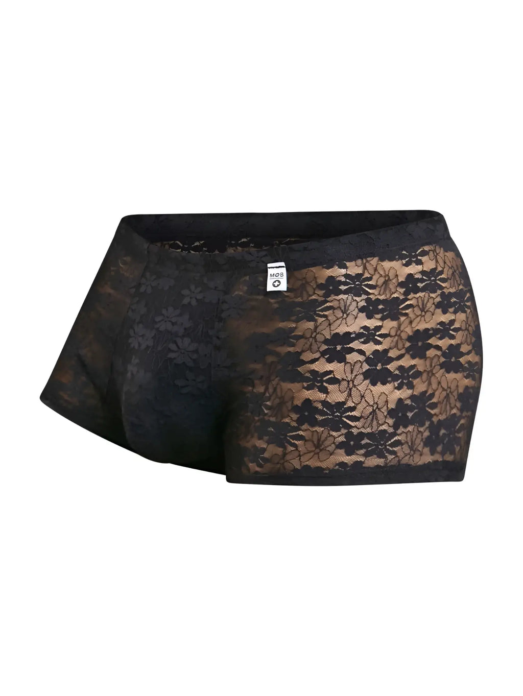 Black lace malebasics mbl84 classic pouch trunks with sheer floral lace pattern and elastic waistband