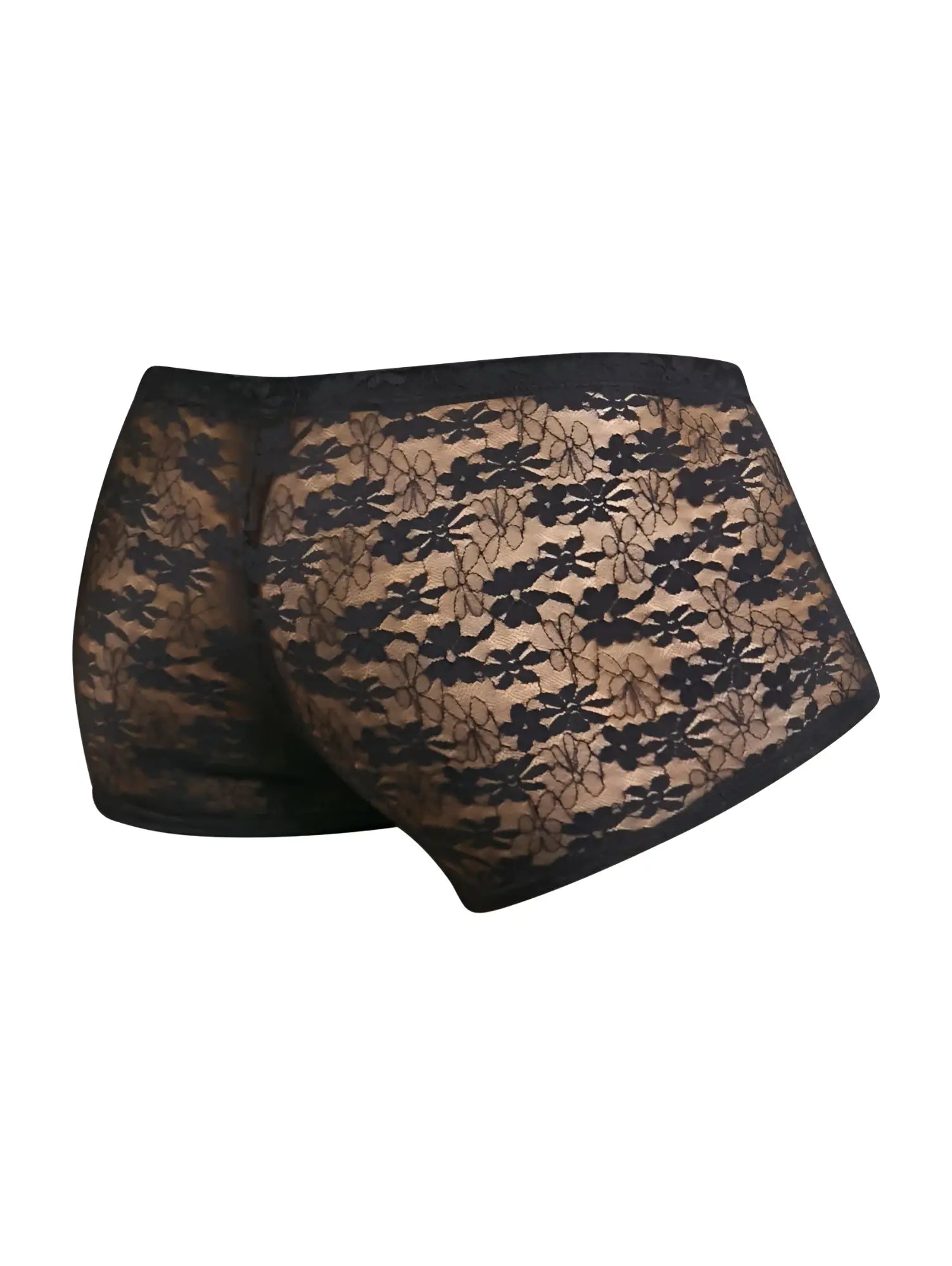 MaleBasics MBL84 classic pouch trunks in black lace with sheer floral lace fabric and solid black waistband