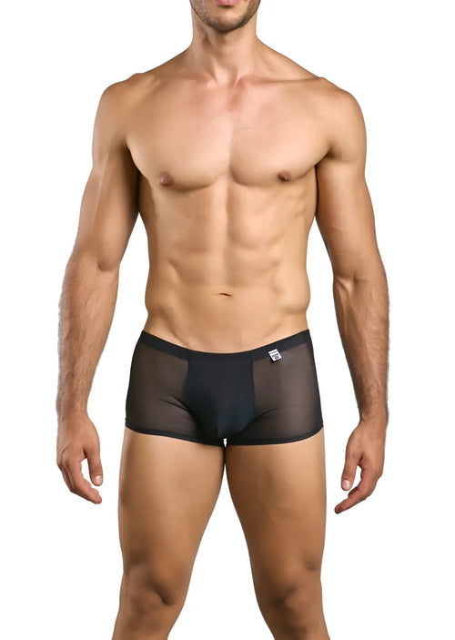 MaleBasics MBL84 classic pouch trunks in black sheer mesh with solid waistband and white logo on front