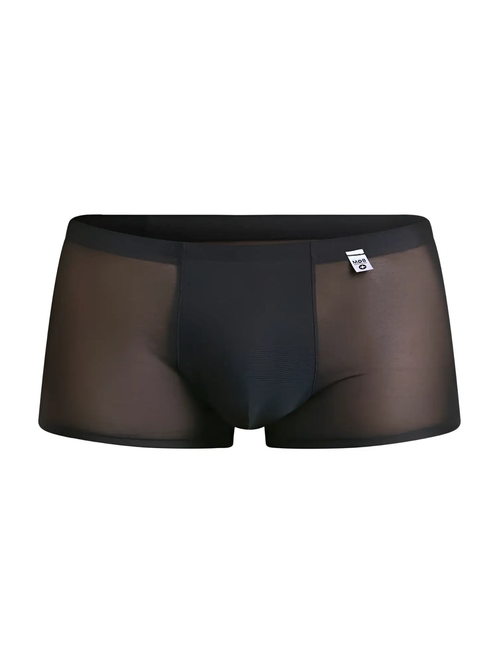 Malebasics mbl84 classic pouch trunks in black mesh with sheer briefs, solid waistband, and white brand tag